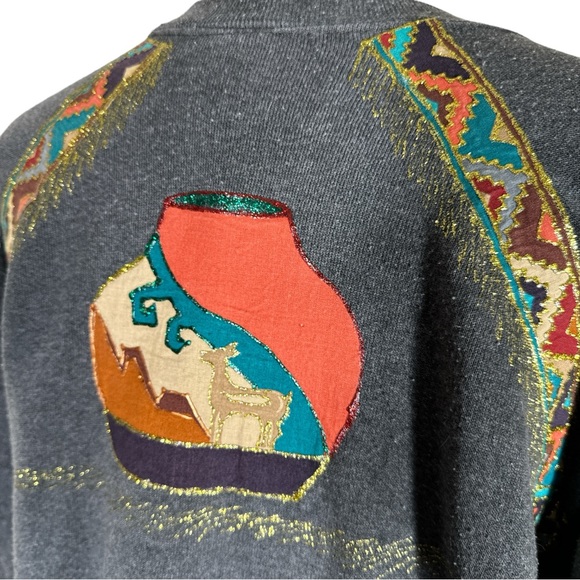 VTG Hand Painted Appliqué Southwest Pottery Aztec Wearable Art Sweatshirt Signed - Picture 6 of 9